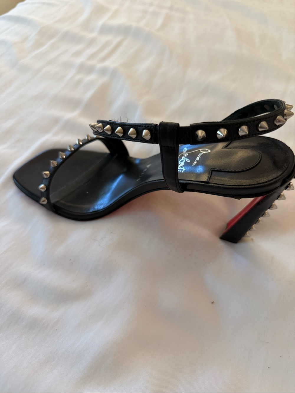 Christian Louboutin Black Leather Studded Slingback Heels - Picture 2 of 6